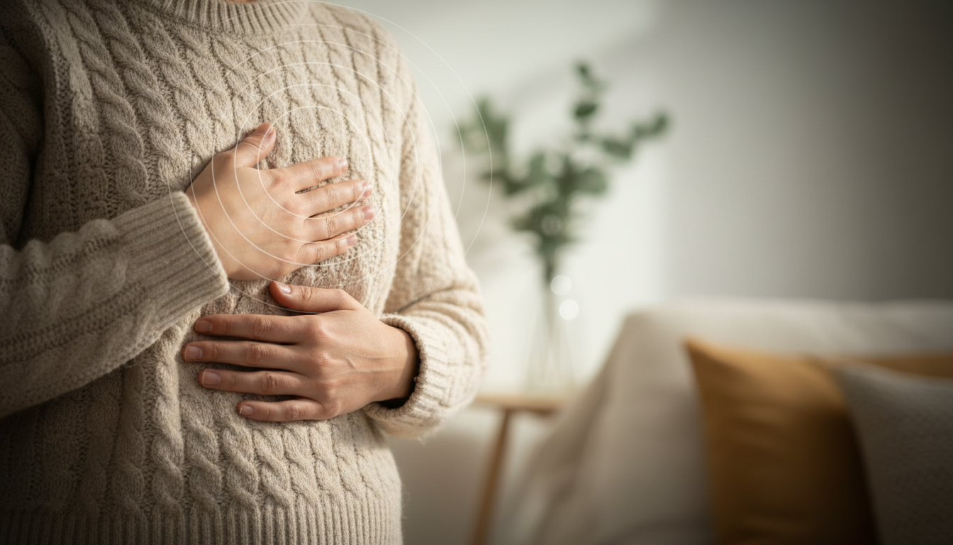 Stressed individual with hands on chest.