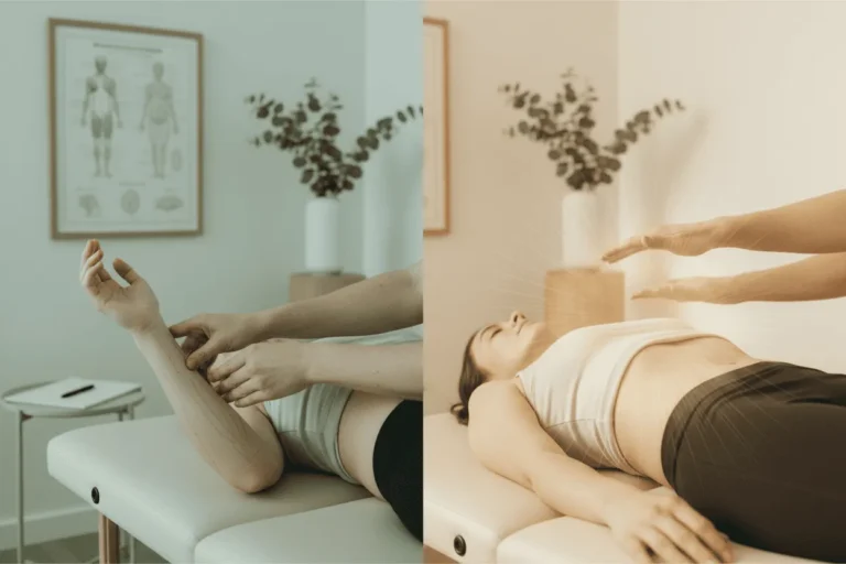 Kinesiologist in practice set against a healing porfessional