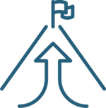 Graphic of mountain with flag on top with arrow pointing up the mountain